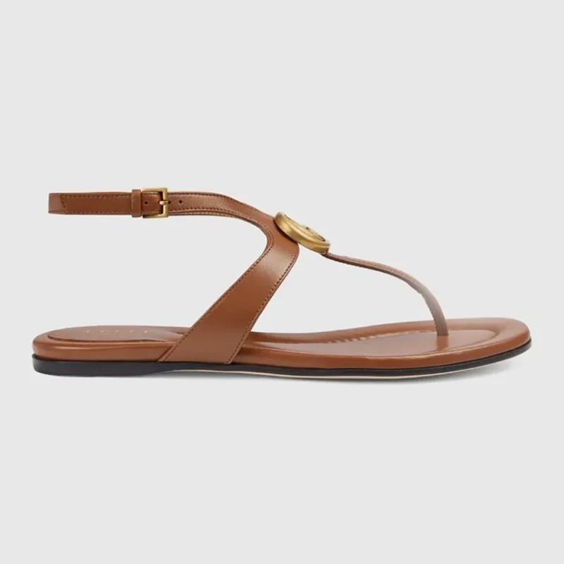 Gucci Women GG Double G Thong Sandal Brown Leather Flat 0.5 CM Heel