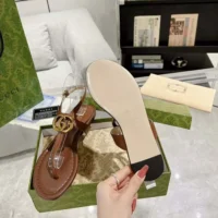 Gucci Women GG Double G Thong Sandal Brown Leather Flat 0.5 CM Heel