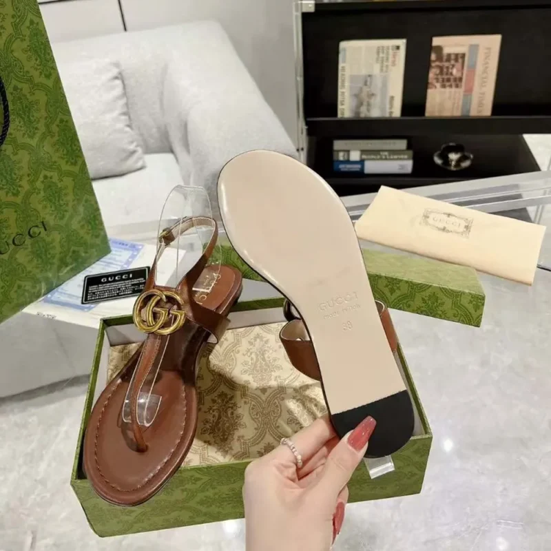 Gucci Women GG Double G Thong Sandal Brown Leather Flat 0.5 CM Heel