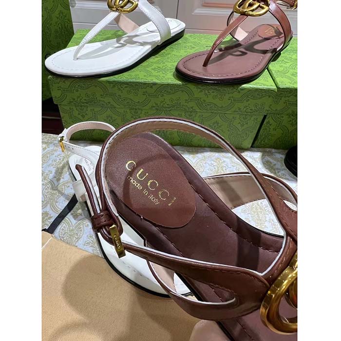 Gucci Women GG Double G Thong Sandal Brown Leather Flat 0.5 CM Heel (9)