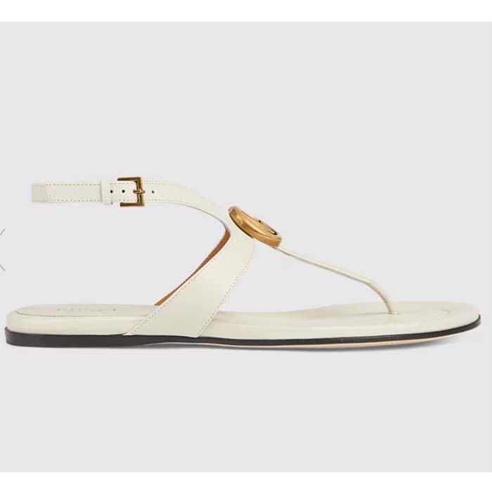 Gucci Women GG Double G Thong Sandal White Leather Flat 0.5 CM Heel