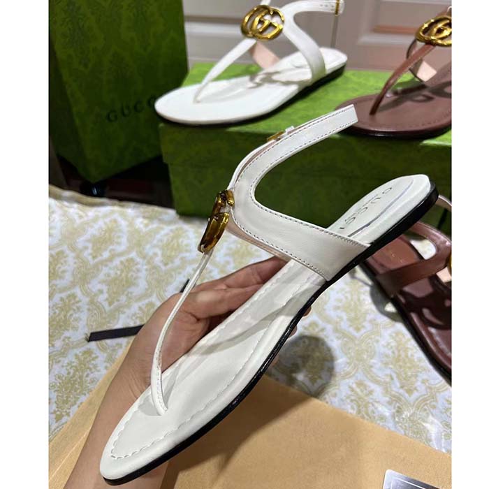 Gucci Women GG Double G Thong Sandal White Leather Flat 0.5 CM Heel (5)