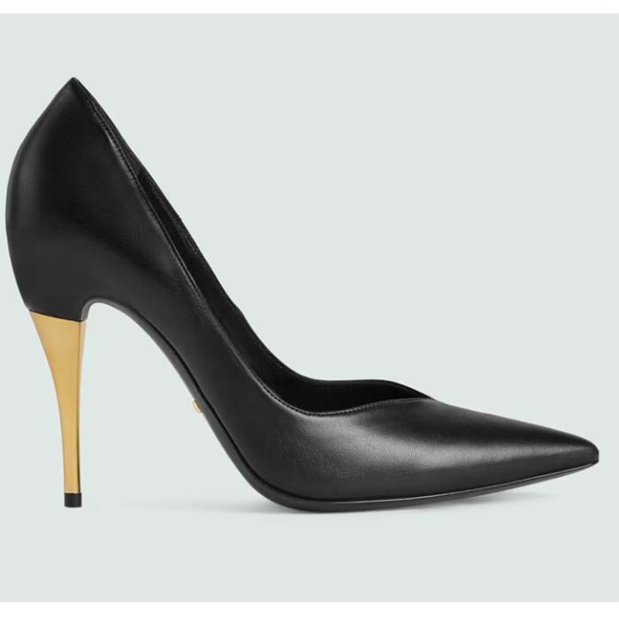 Gucci Women GG High Heel Pump Black Leather Pointed Toe 10 CM Heel