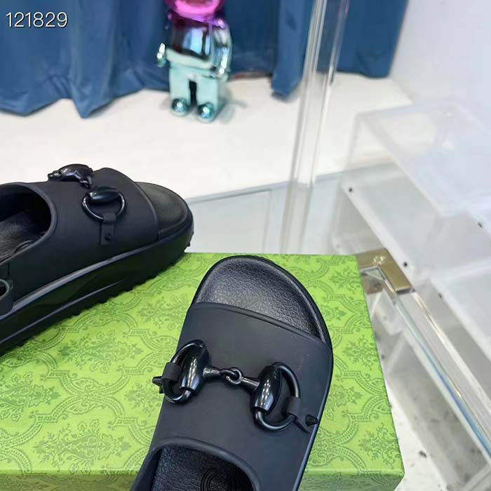 Gucci Women GG Horsebit Platform Sandal Black Rubber Velcro Strap Closure (1)
