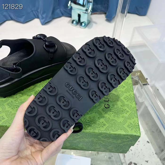 Gucci Women GG Horsebit Platform Sandal Black Rubber Velcro Strap Closure (4)