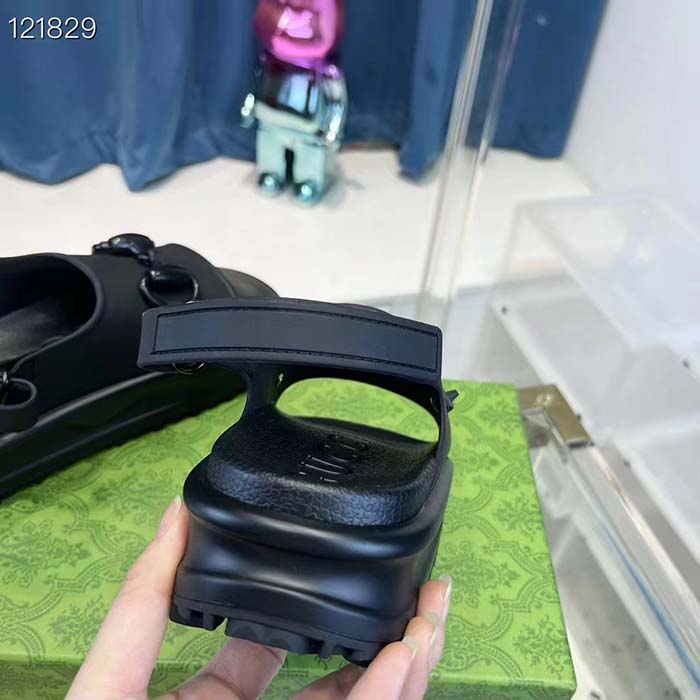 Gucci Women GG Horsebit Platform Sandal Black Rubber Velcro Strap Closure (8)