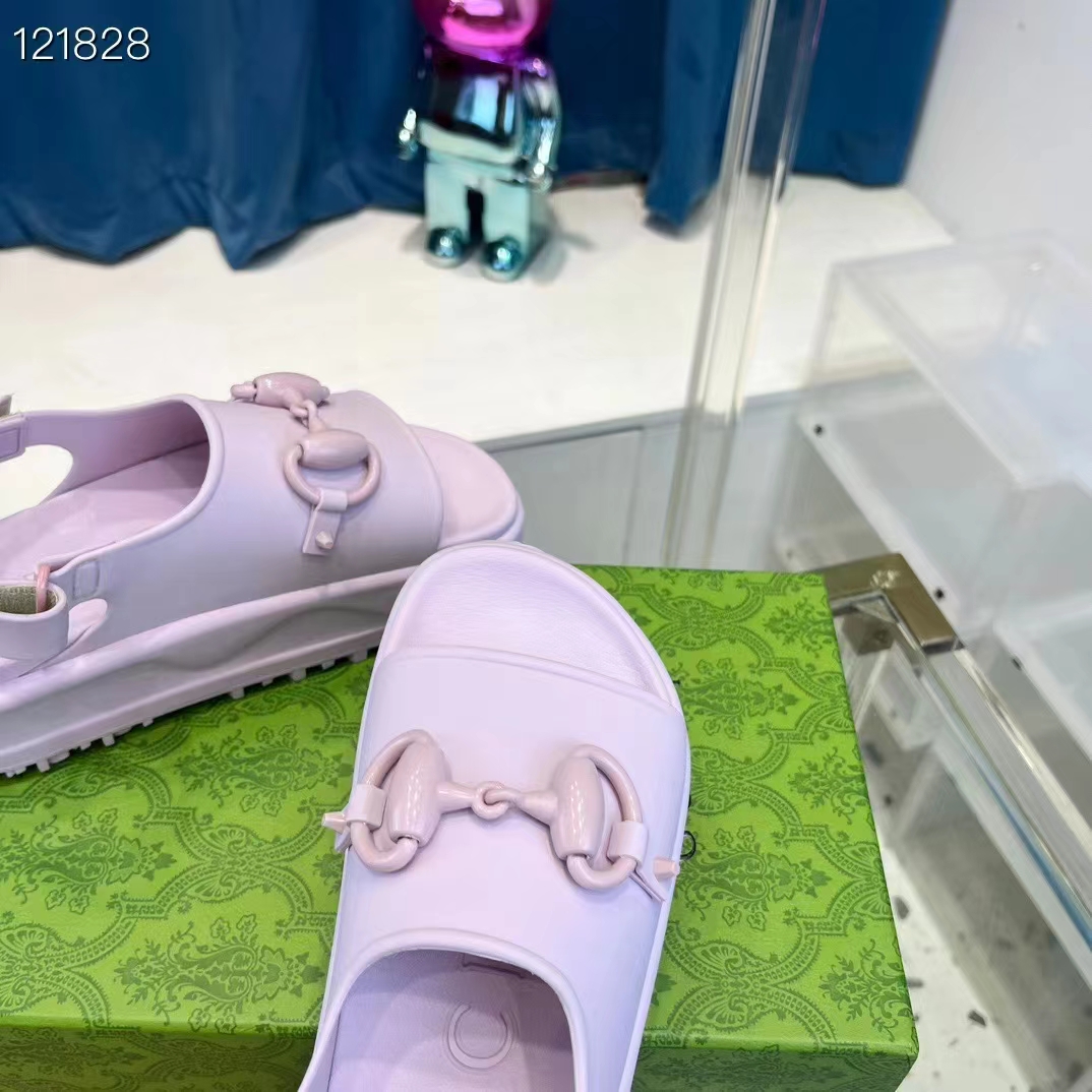 Gucci Women GG Horsebit Platform Sandal Light Pink Rubber Velcro Strap Closure (1)