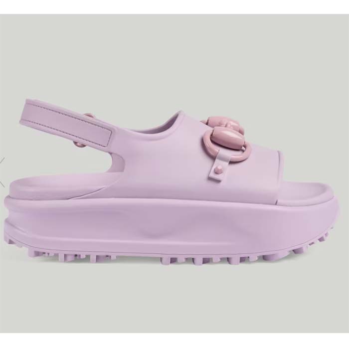 Gucci Women GG Horsebit Platform Sandal Light Pink Rubber Velcro Strap Closure