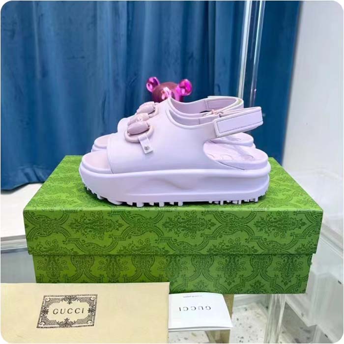 Gucci Women GG Horsebit Platform Sandal Light Pink Rubber Velcro Strap Closure (6)