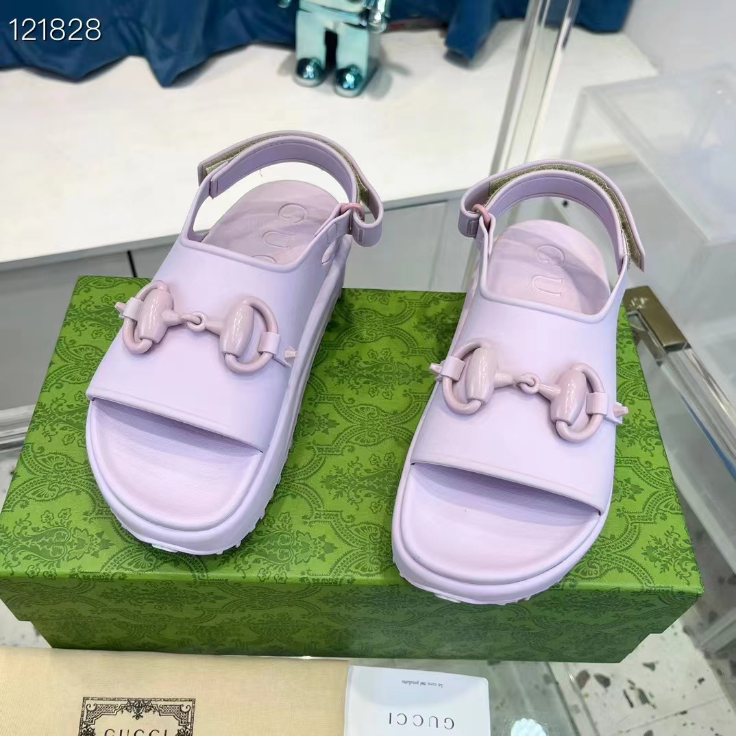Gucci Women GG Horsebit Platform Sandal Light Pink Rubber Velcro Strap Closure (7)