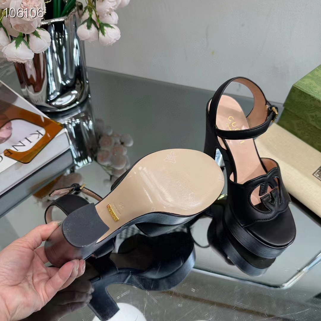 Gucci Women GG Interlocking G Sandal Black Leather Wooden High 12 CM Heel (10)