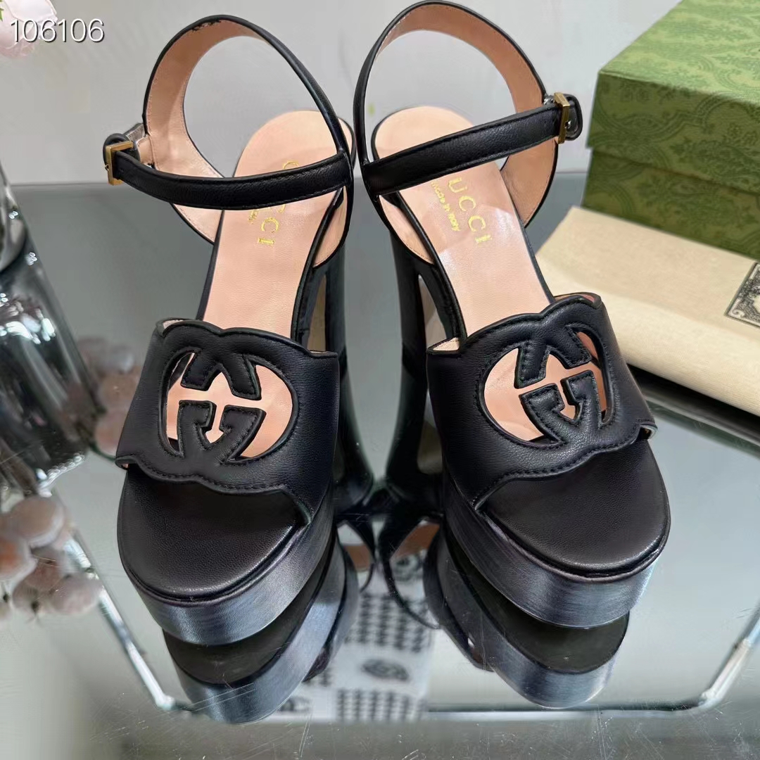 Gucci Women GG Interlocking G Sandal Black Leather Wooden High 12 CM Heel (11)