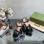 Gucci Women GG Interlocking G Sandal Black Leather Wooden High 12 CM Heel – Image 5