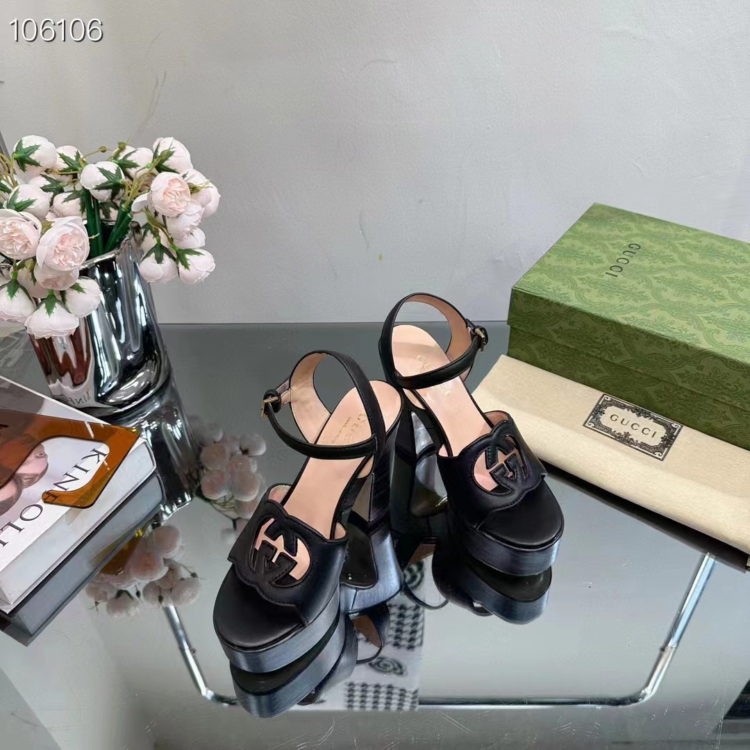 Gucci Women GG Interlocking G Sandal Black Leather Wooden High 12 CM Heel (4)