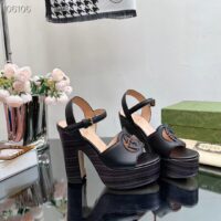 Gucci Women GG Interlocking G Sandal Black Leather Wooden High 12 CM Heel (7)