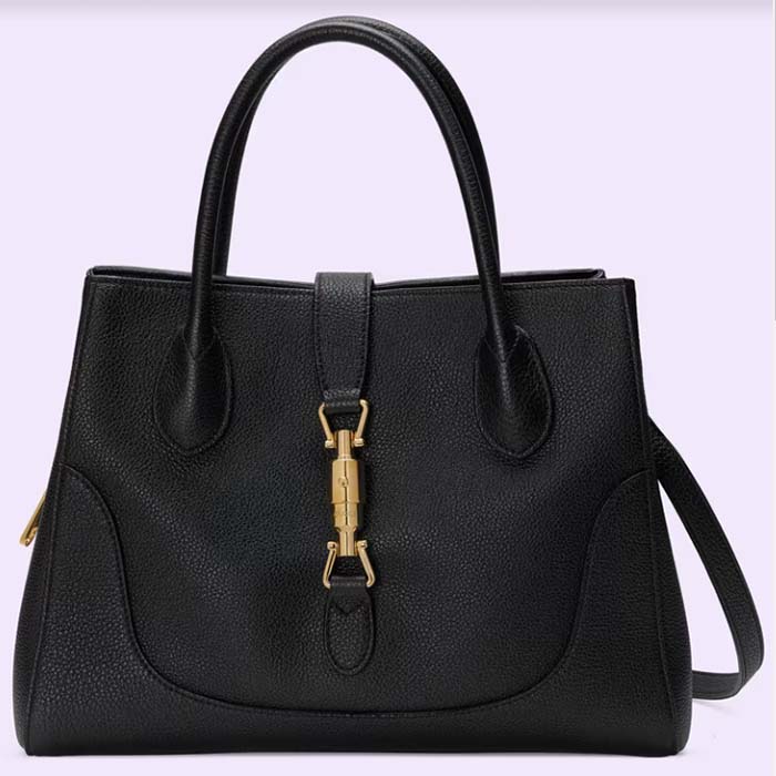 Gucci Women GG Jackie 1961 Small Natural Grain Tote Black Leather Medium Size