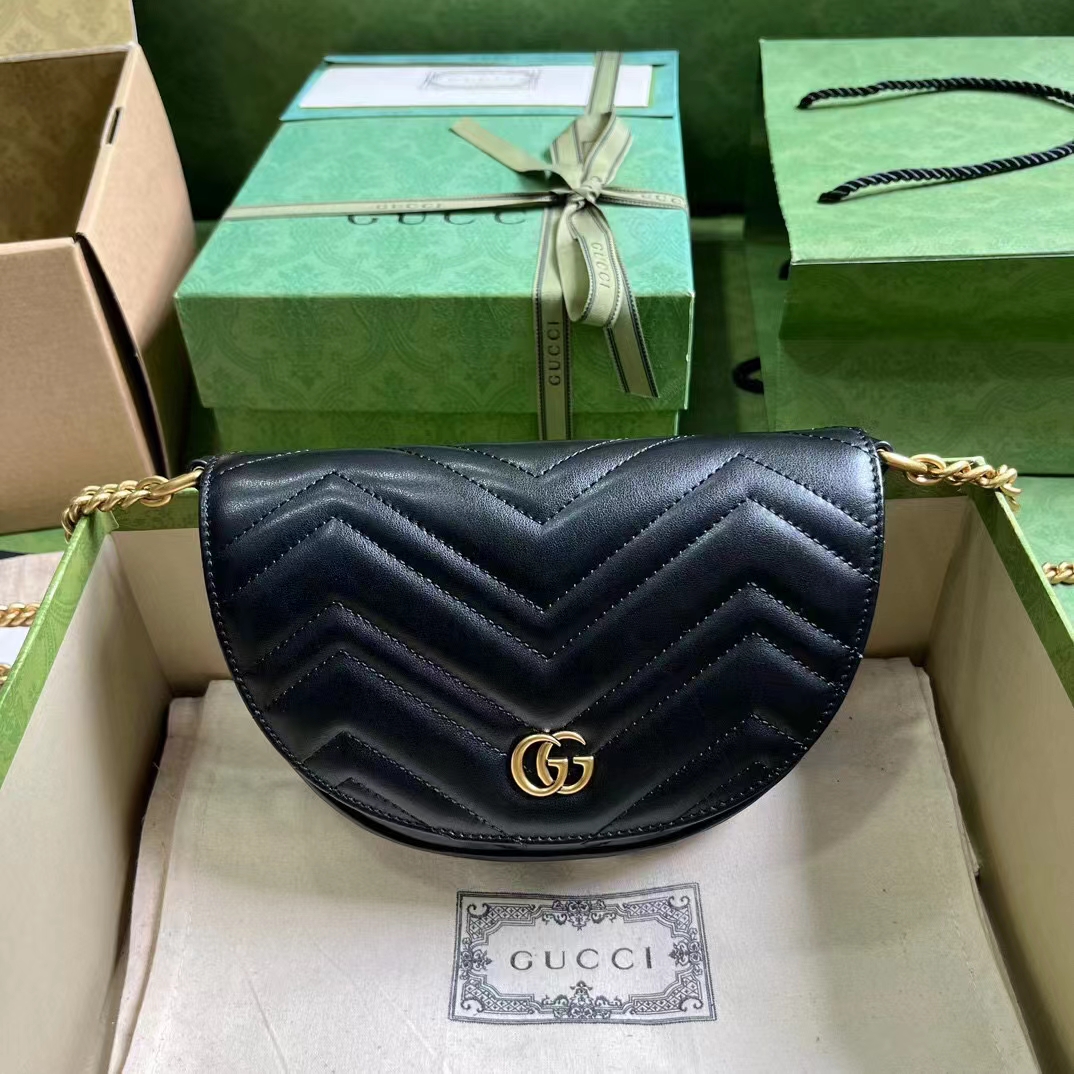 Gucci Women GG Marmont Matelassé Chain Mini Bag Black Chevron Leather Double G (3)