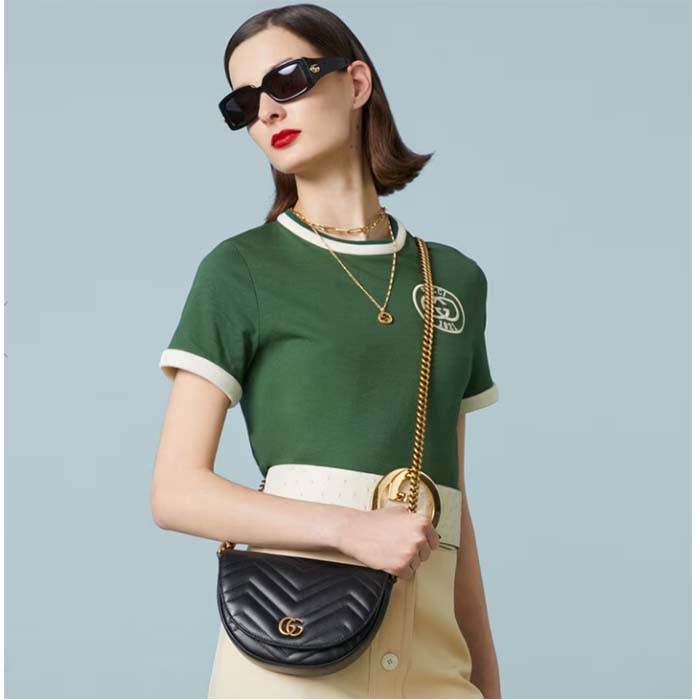 Gucci Women GG Marmont Matelassé Chain Mini Bag Black Chevron Leather Double G (6)