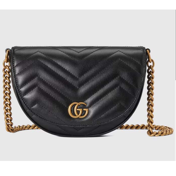 Gucci Women GG Marmont Matelassé Chain Mini Bag Black Chevron Leather Double G