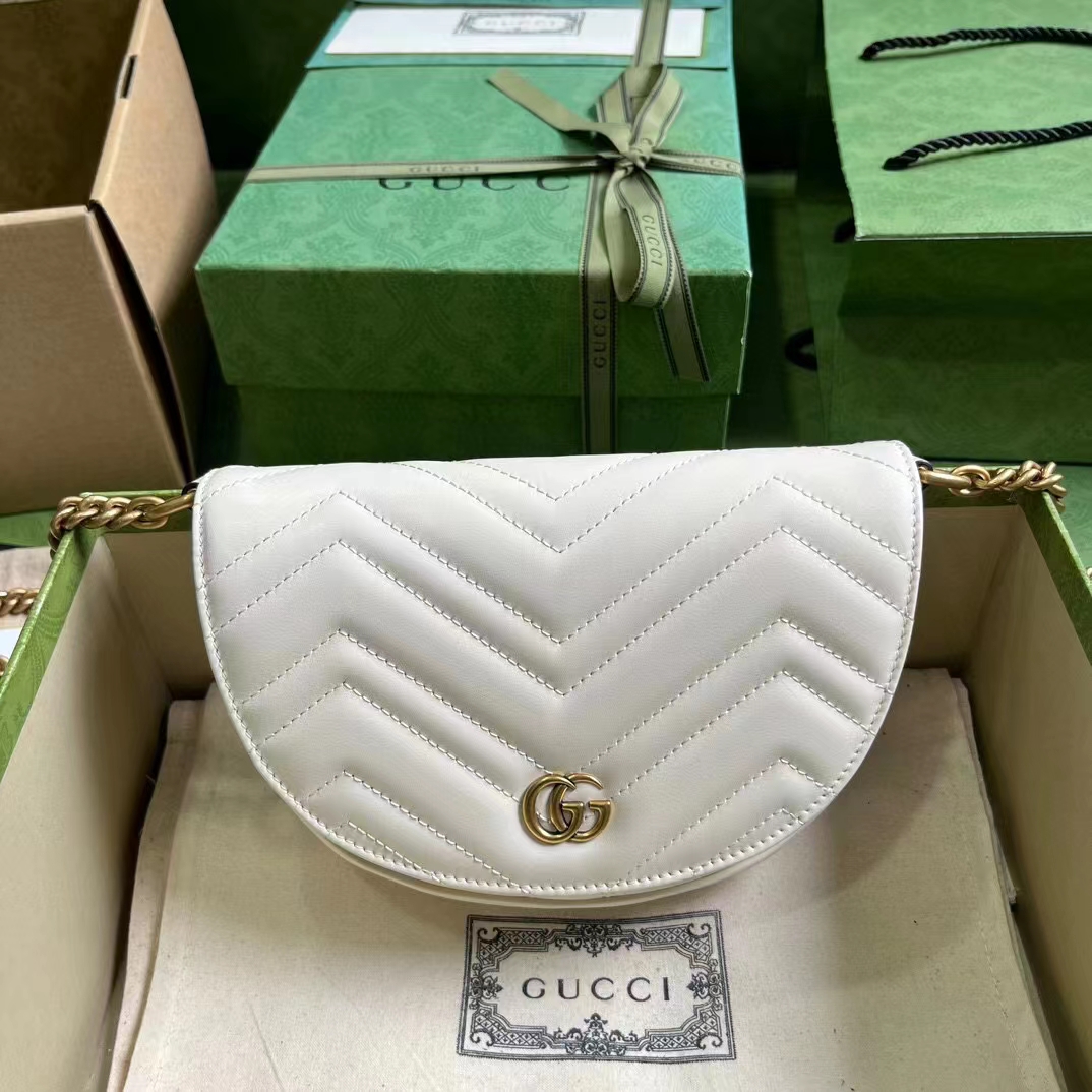 Gucci Women GG Marmont Matelassé Chain Mini Bag White Chevron Leather Double G (1)