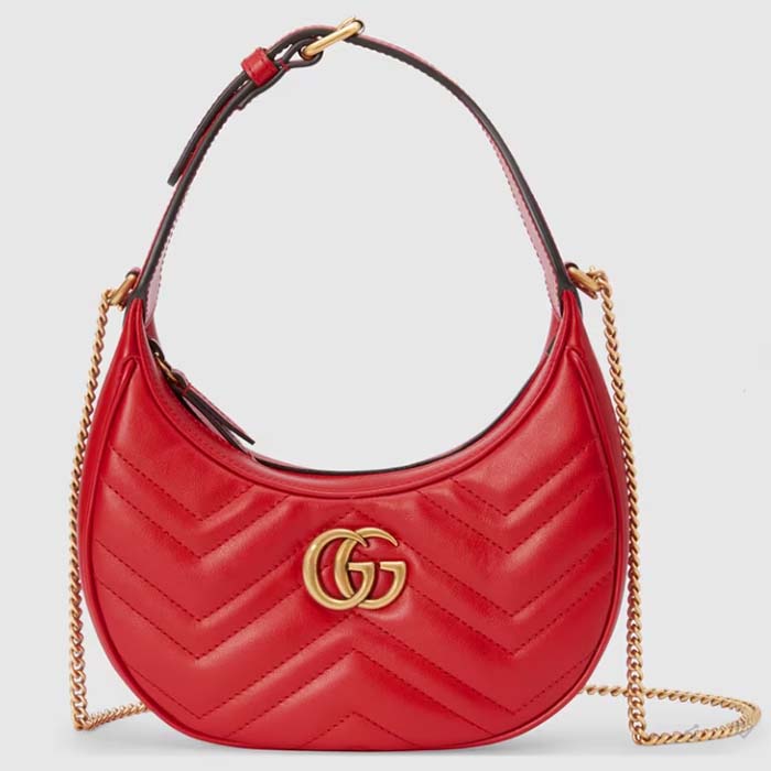 Gucci Women GG Marmont Matelassé Mini Bag Red Chevron Leather Double G