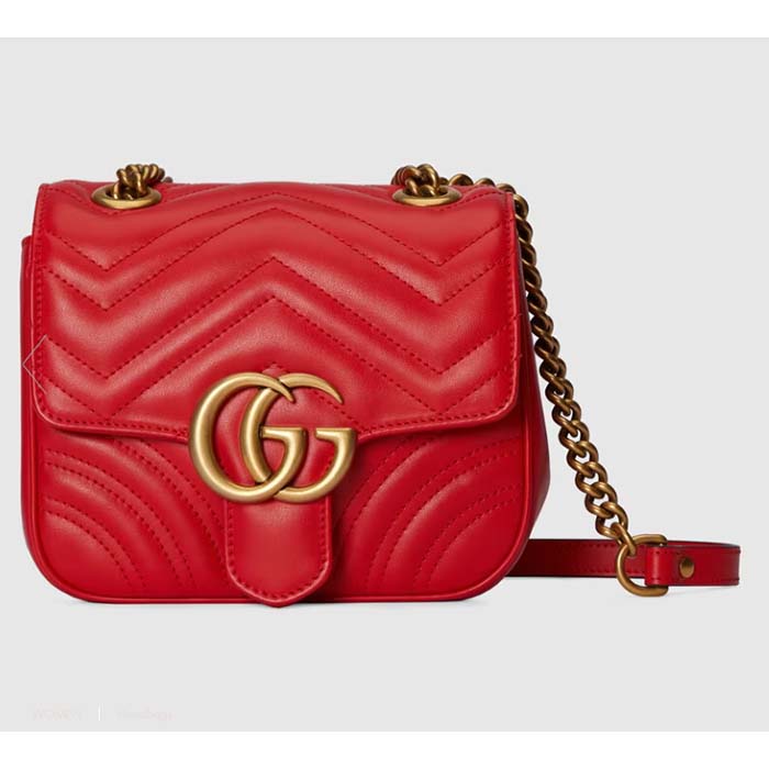 Gucci Women GG Marmont Matelassé Mini Shoulder Bag Red Matelassé Chevron Leather