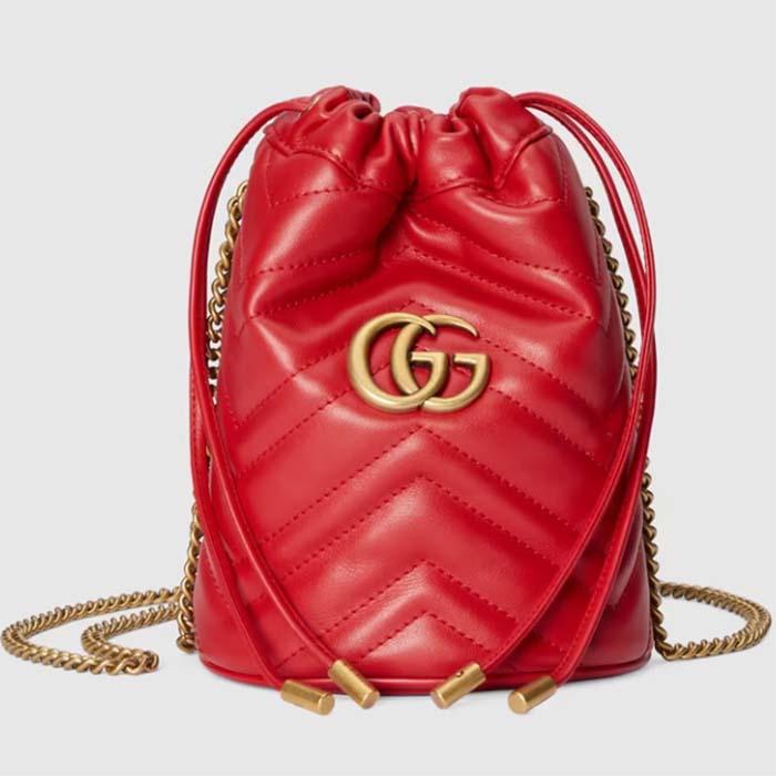 Gucci Women GG Marmont Mini Bucket Bag Red Matelassé Chevron Leather Double G