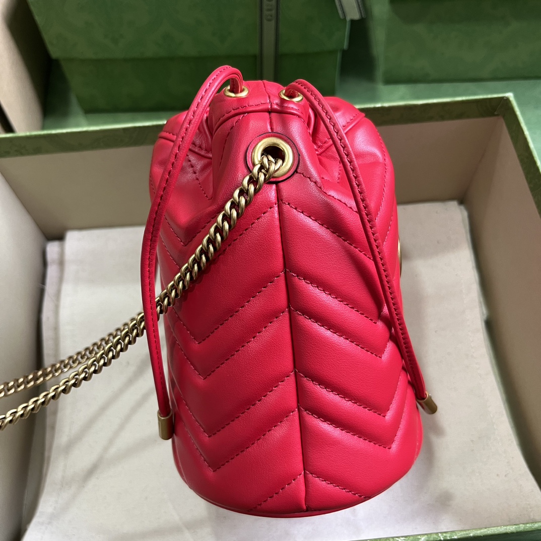 Gucci Women GG Marmont Mini Bucket Bag Red Matelassé Chevron Leather Double G (3)