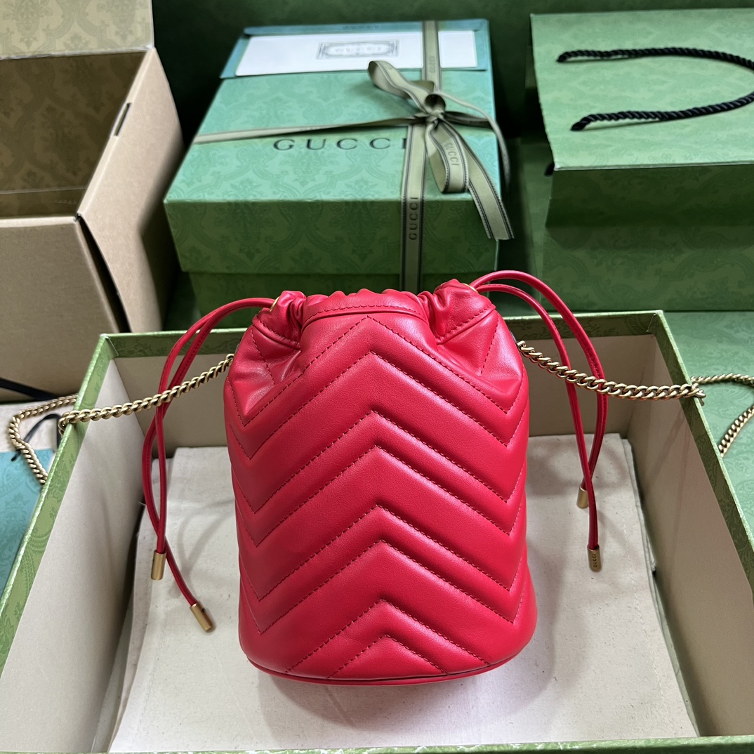 Gucci Women GG Marmont Mini Bucket Bag Red Matelassé Chevron Leather Double G (7)