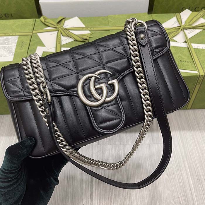 Gucci Women GG Marmont Small Shoulder Bag Double G Black Matelassé Leather (5)