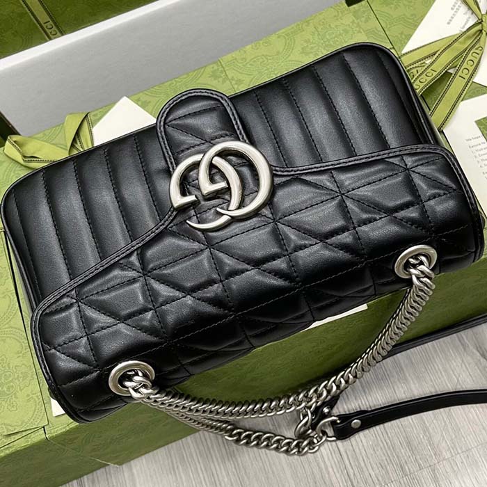 Gucci Women GG Marmont Small Shoulder Bag Double G Black Matelassé Leather (6)