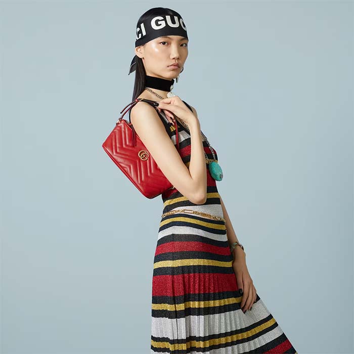 Gucci Women GG Marmont Small Shoulder Bag Red Matelassé Chevron Leather (3)