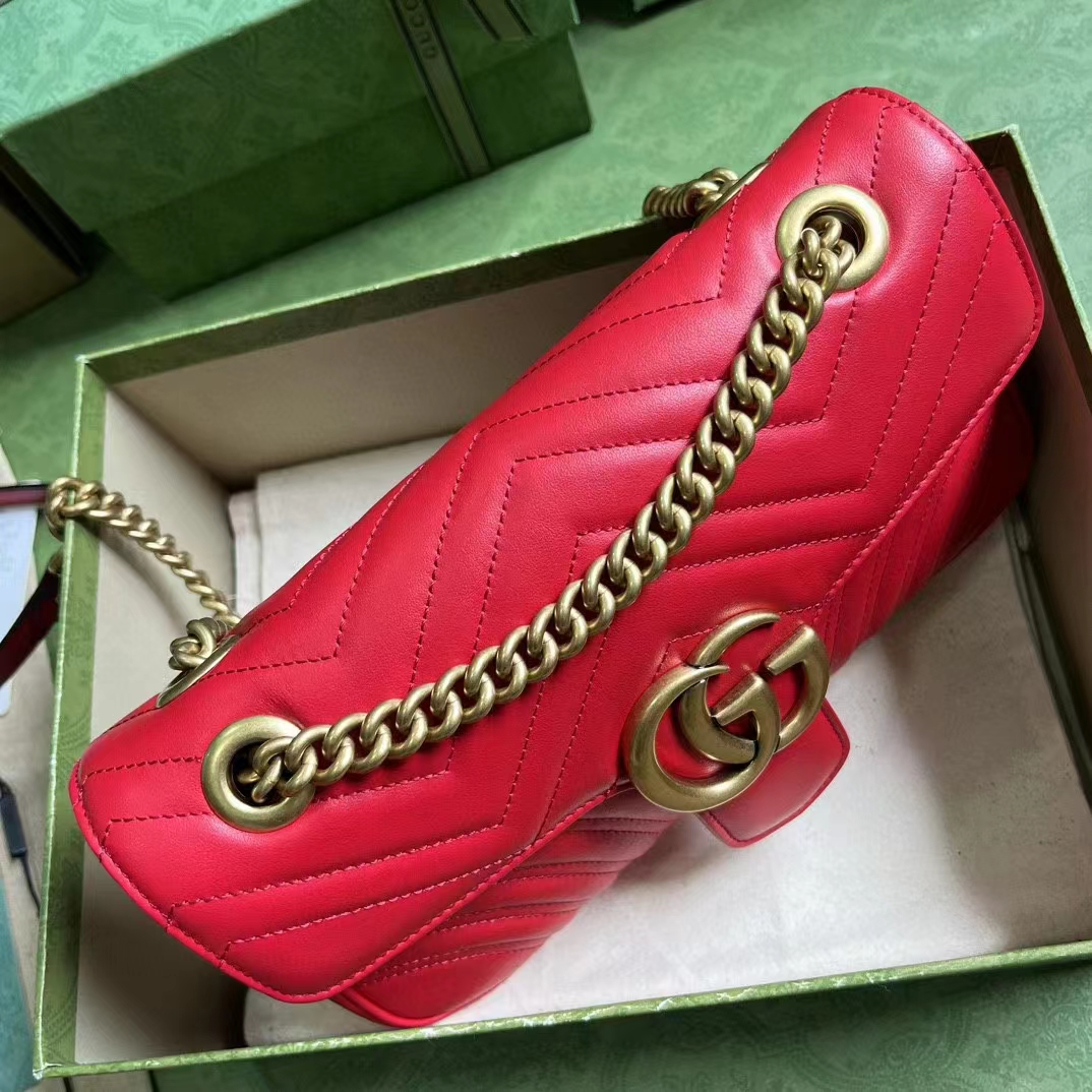 Gucci Women GG Marmont Small Shoulder Bag Red Matelassé Chevron Leather Double G (10)