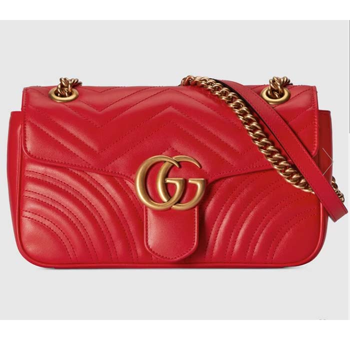 Gucci Women GG Marmont Small Shoulder Bag Red Matelassé Chevron Leather Double G