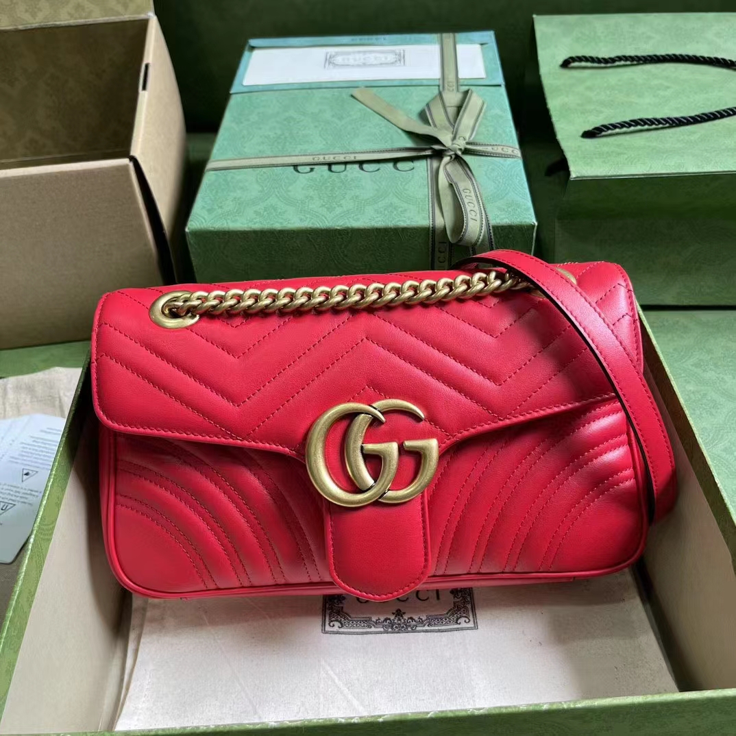 Gucci Women GG Marmont Small Shoulder Bag Red Matelassé Chevron Leather Double G (6)