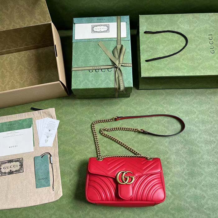 Gucci Women GG Marmont Small Shoulder Bag Red Matelassé Chevron Leather Double G (7)