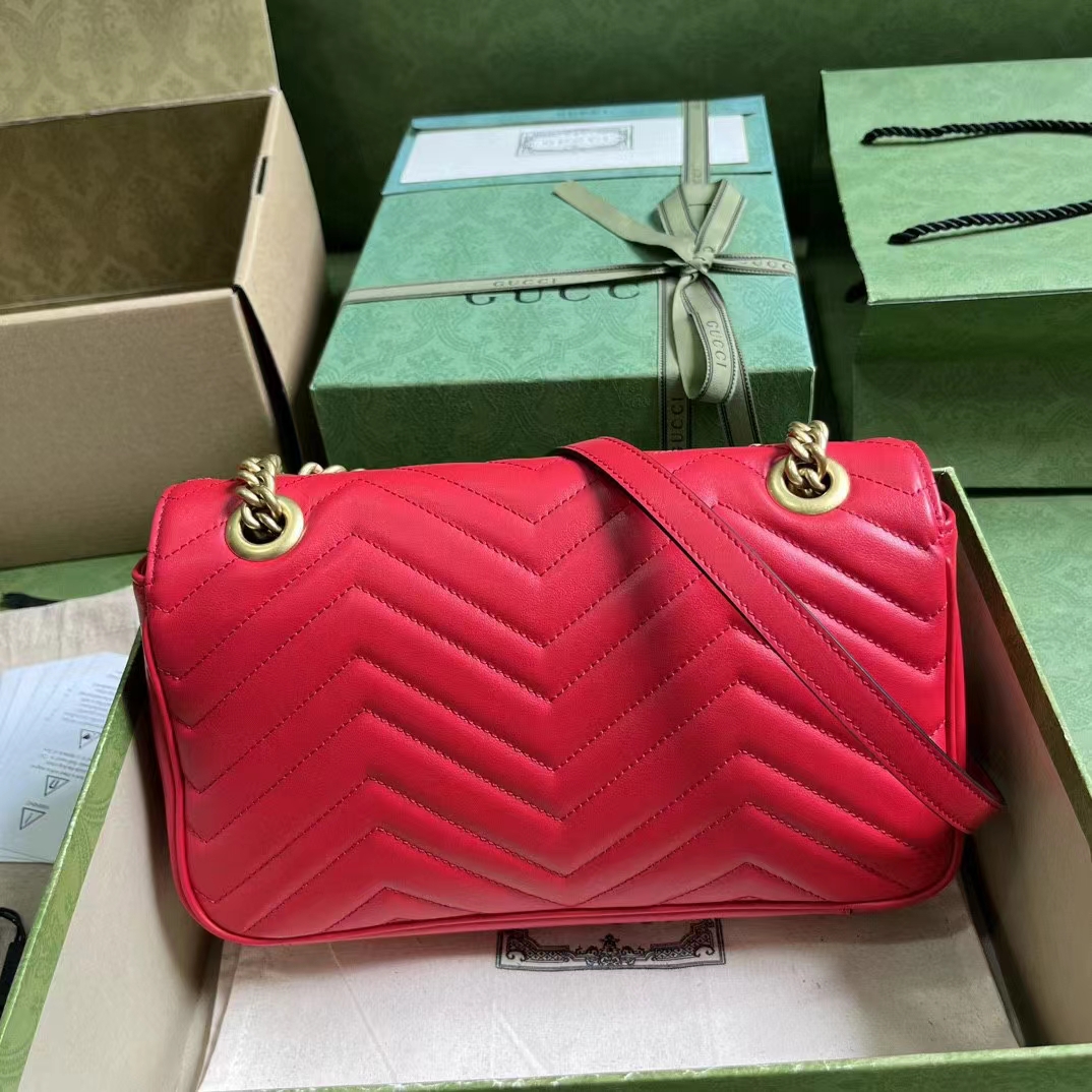 Gucci Women GG Marmont Small Shoulder Bag Red Matelassé Chevron Leather Double G (9)