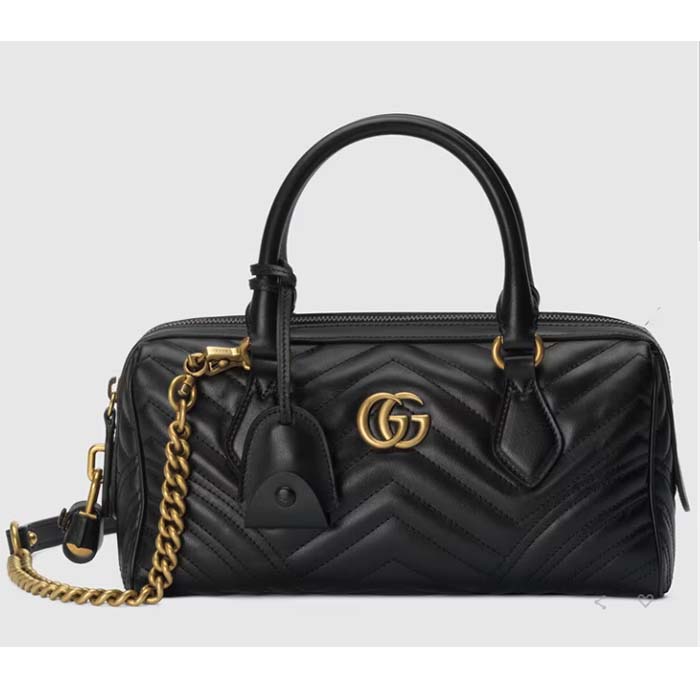 Gucci Women GG Marmont Small Top Handle Bag Black Matelassé Chevron Leather