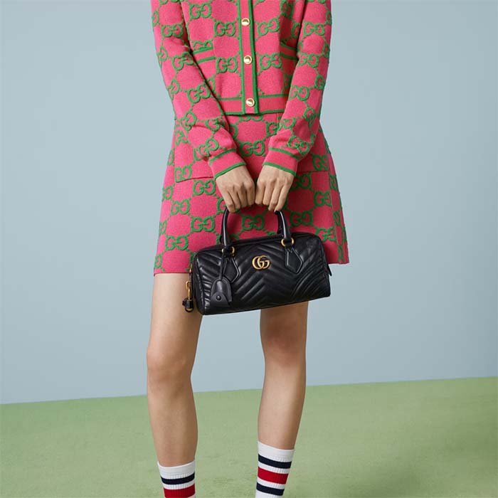 Gucci Women GG Marmont Small Top Handle Bag Black Matelassé Chevron Leather (3)