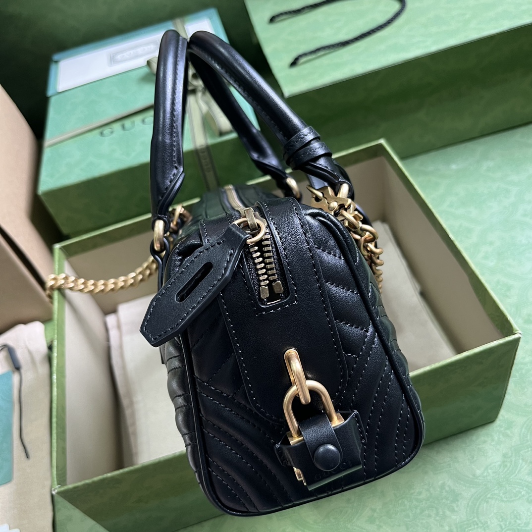 Gucci Women GG Marmont Small Top Handle Bag Black Matelassé Chevron Leather (5)