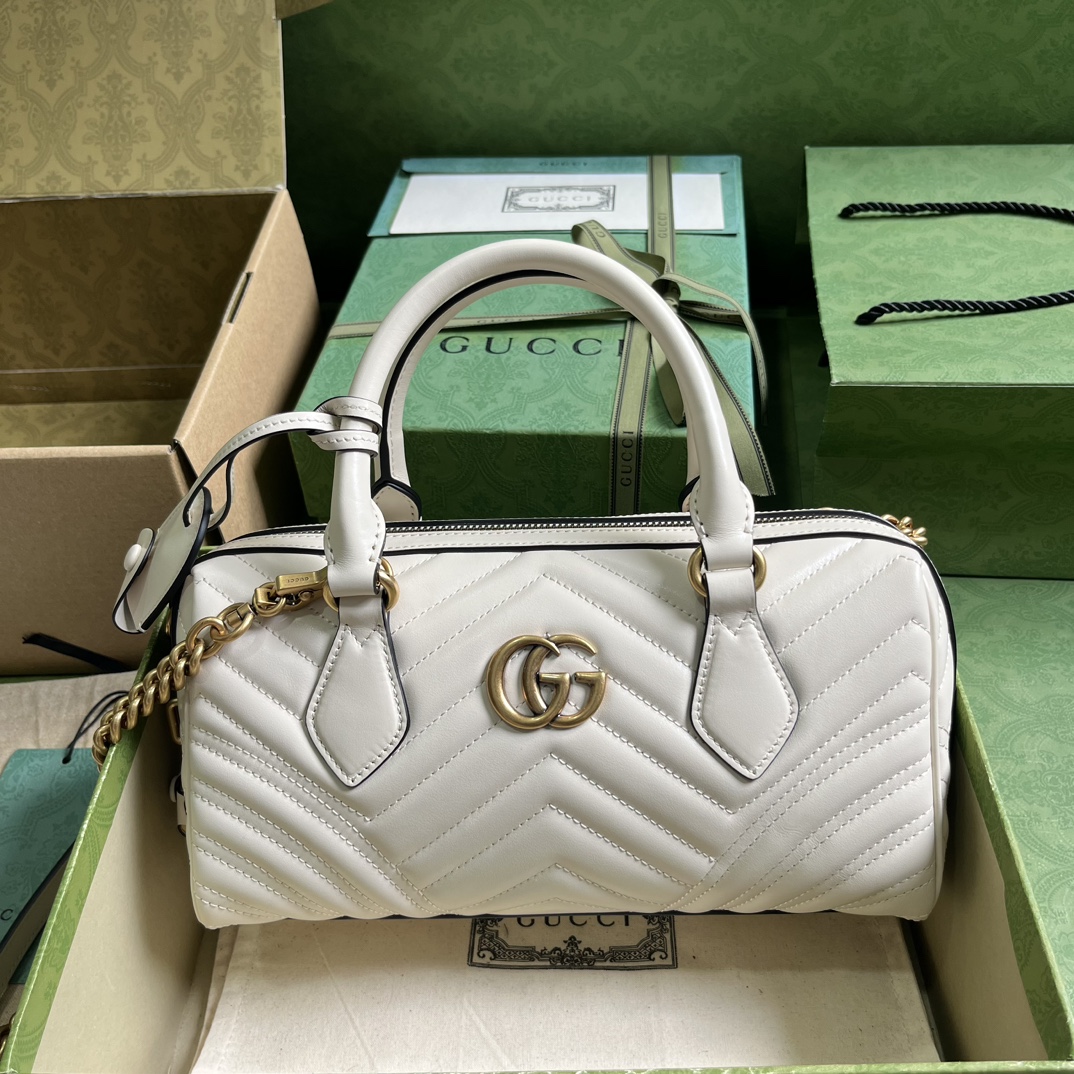 Gucci Women GG Marmont Small Top Handle Bag White Matelassé Chevron Leather (1)
