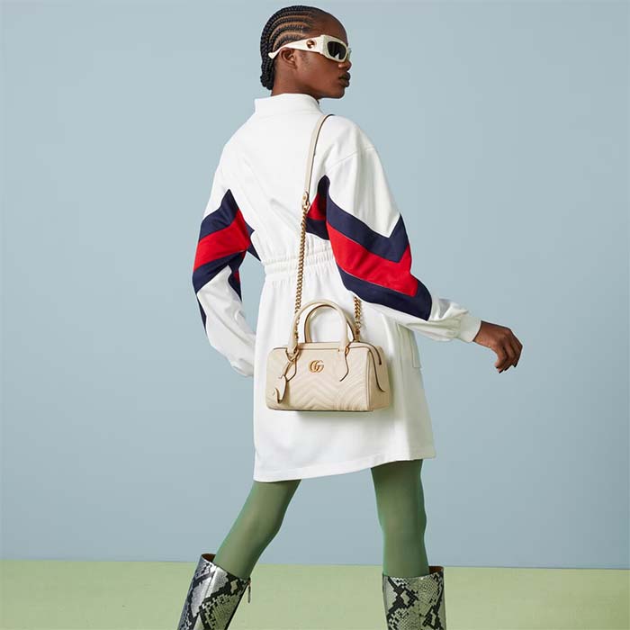 Gucci Women GG Marmont Small Top Handle Bag White Matelassé Chevron Leather (5)