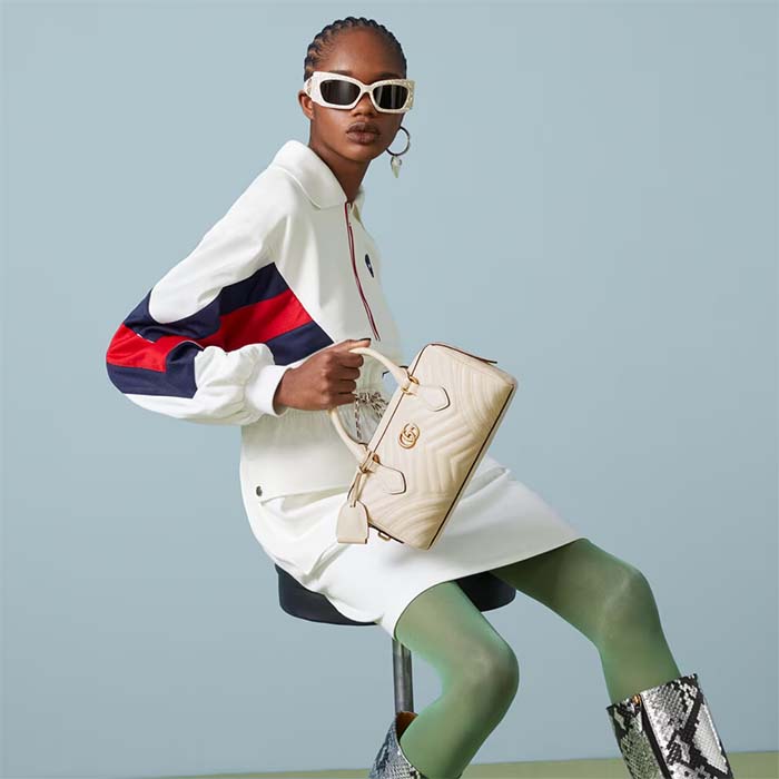 Gucci Women GG Marmont Small Top Handle Bag White Matelassé Chevron Leather (6)
