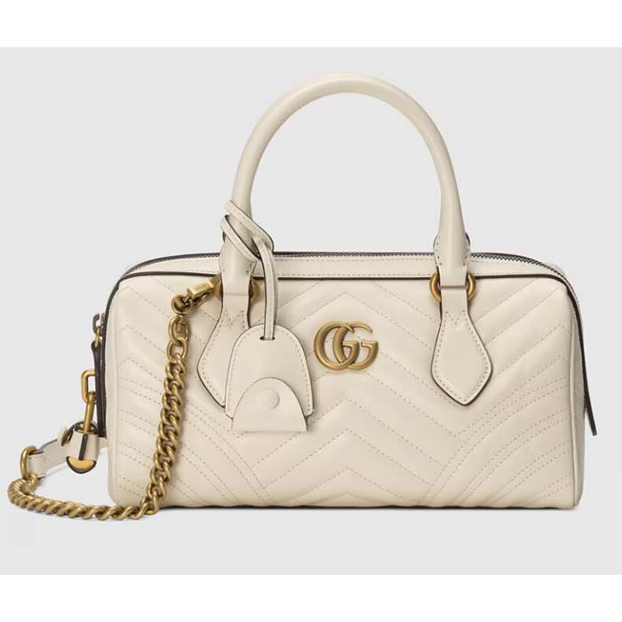 Gucci Women GG Marmont Small Top Handle Bag White Matelassé Chevron Leather