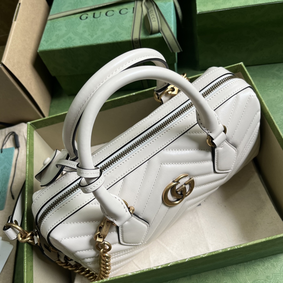 Gucci Women GG Marmont Small Top Handle Bag White Matelassé Chevron Leather (8)