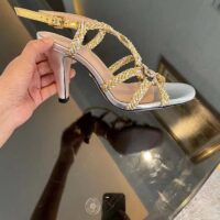 Gucci Women GG Nojum High Heel Sandal Metallic Platinum Silver Braided Leather 9 CM (7)
