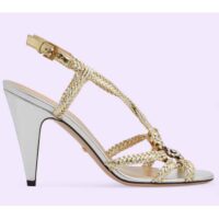 Gucci Women GG Nojum High Heel Sandal Metallic Platinum Silver Braided Leather 9 CM