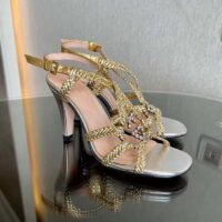 Gucci Women GG Nojum High Heel Sandal Metallic Platinum Silver Braided Leather 9 CM (7)