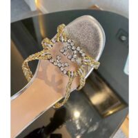 Gucci Women GG Nojum Slide Sandal Metallic Platinum Silver Braided Leather Mid-Heel (11)
