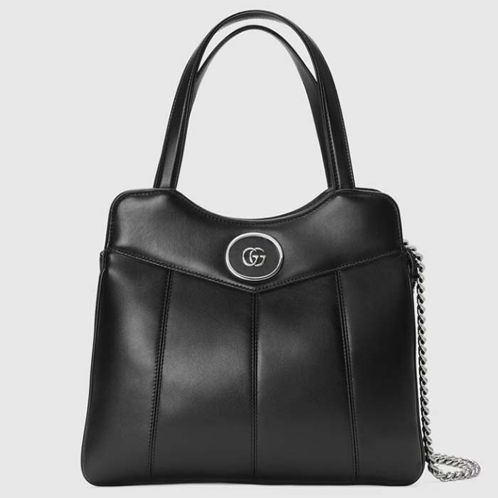 Gucci Women GG Petite GG Small Tote Bag Black Leather Double G